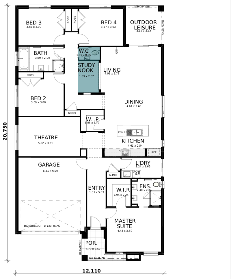 Dusk floorplan option: Basin to W/C