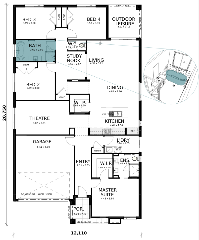 Dusk floorplan option: Freestanding Bath