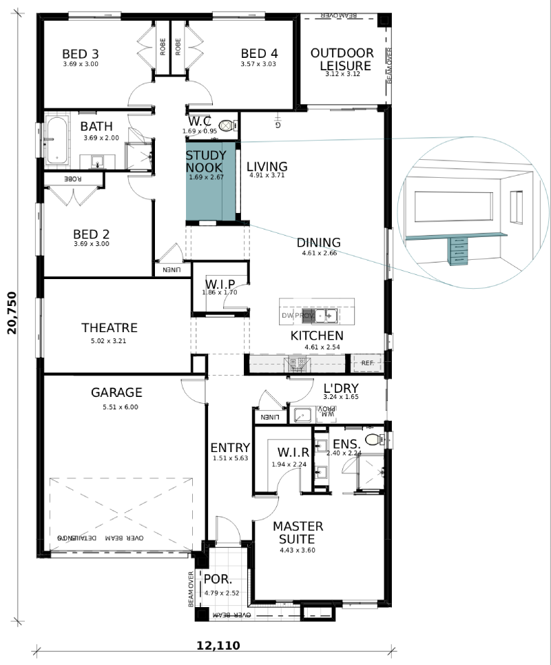 Dusk floorplan option: Study Fitout