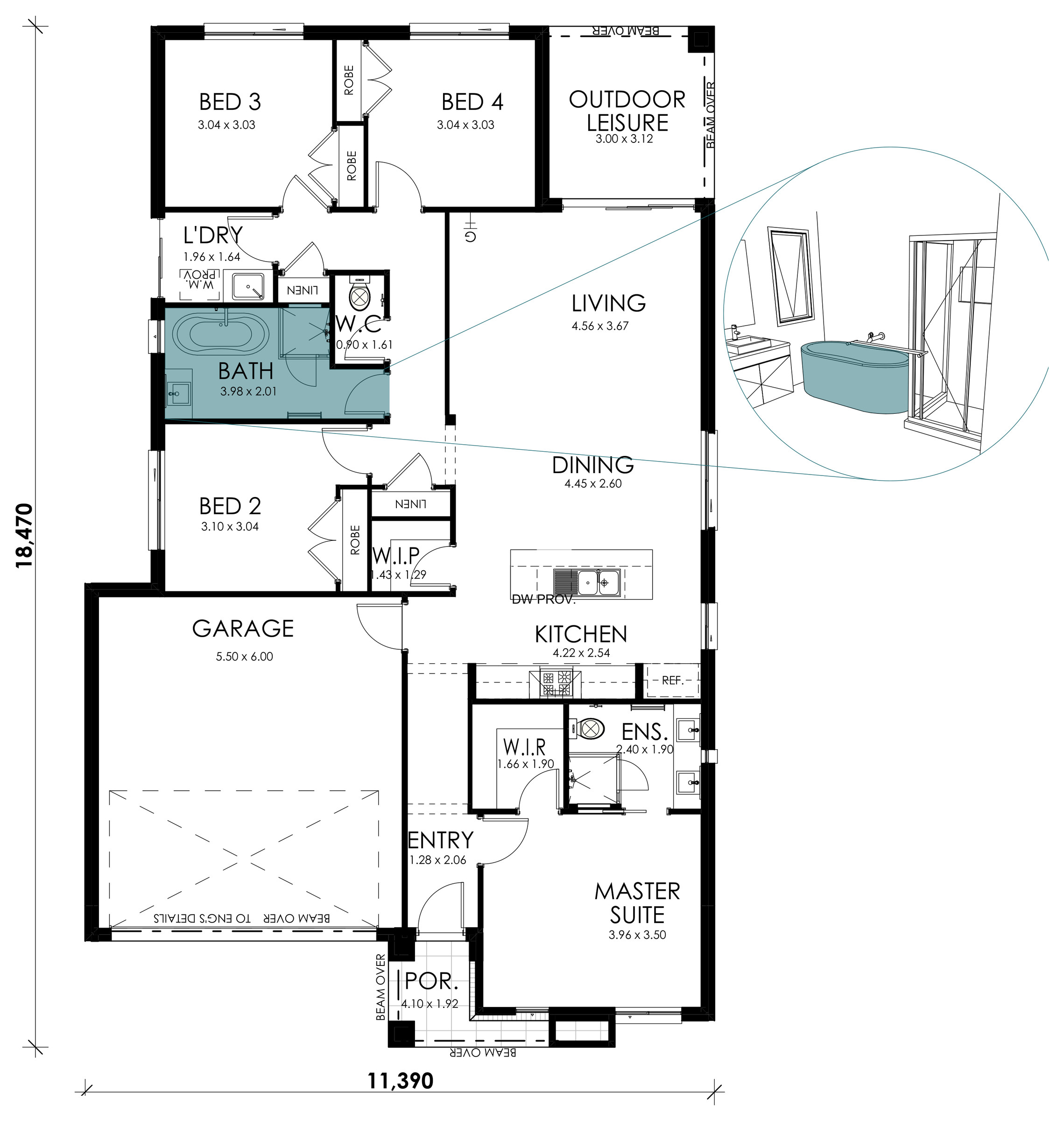 Amber floorplan option: Freestanding bath